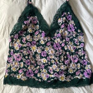 Victorias Secret Floral Lace Trim Cami - Dark Green with Purple & White Flowers